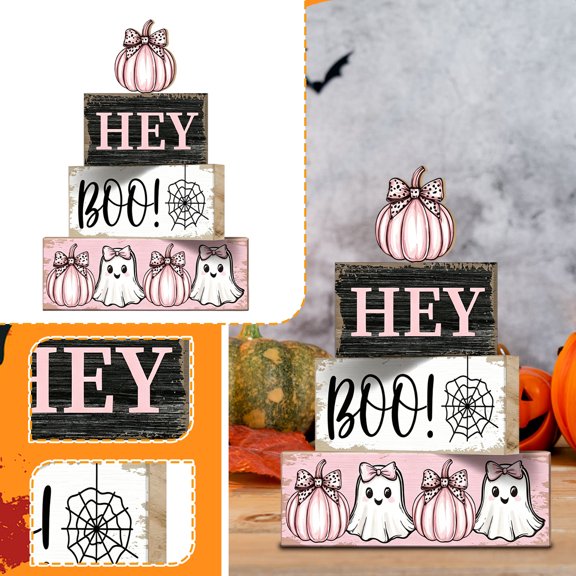 , Pastel Pink Hey Boo Ghost Pumpkin Wooden Block Set, for Indoor Tabletop, Holiday Gift,