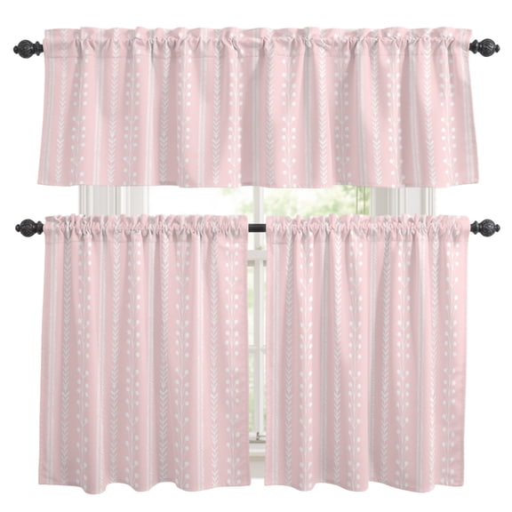 Pastel Pink Kitchen Curtains Valances 3 Piece Set, Rustic Vertical Dashed Lines Shabby Chic Leaf Cottagecore Rod Pocket Tier Curtain and Valance Drapes for Window 36 Inch Length for Bedroom Cafe