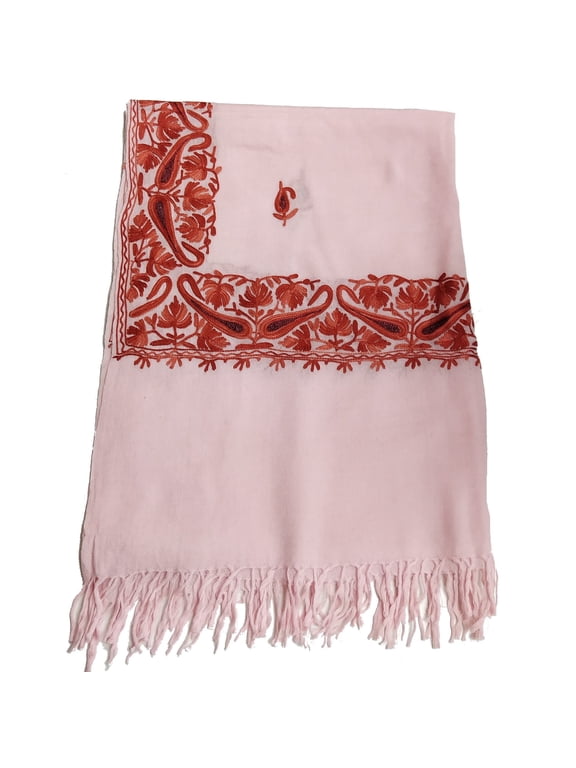 Pastel Pink Long Big Woolen Scarf Fashionable Shawl Wrap Sunscreen with Bright Pink and Red Paisley Motif Embroidery with Hand Knotted Tassels For Women, Girls