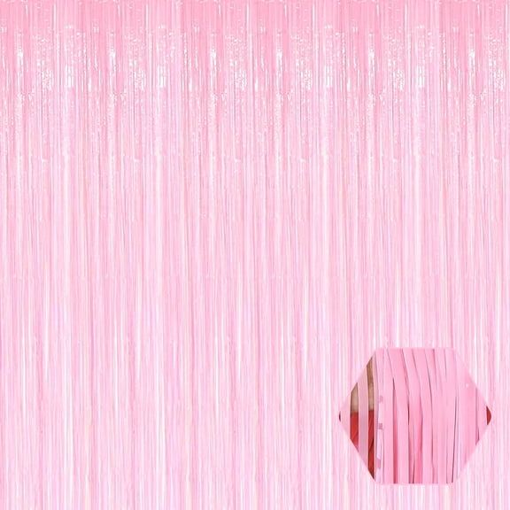 3 Pack 3.3x6.6 Ft Pastel Pink Metallic Tinsel Foil Fringe Curtains, Streamer Backdrop Curtains for Party Decorations