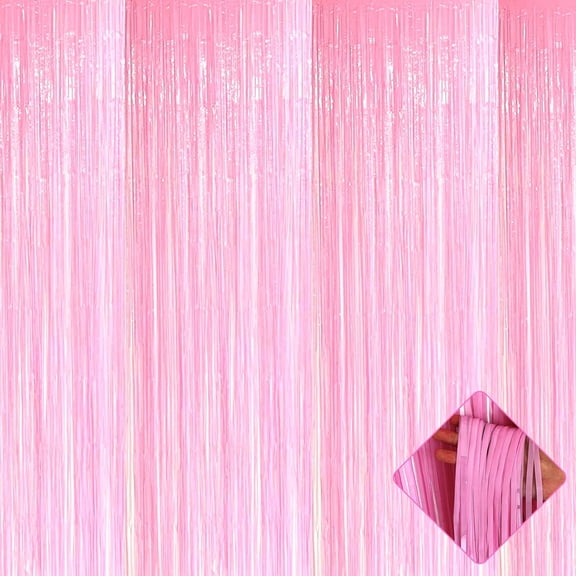4 Pack 3.3x6.6 Ft Pastel Pink Metallic Tinsel Foil Fringe Curtains, Streamer Backdrop Curtains for Party Decorations