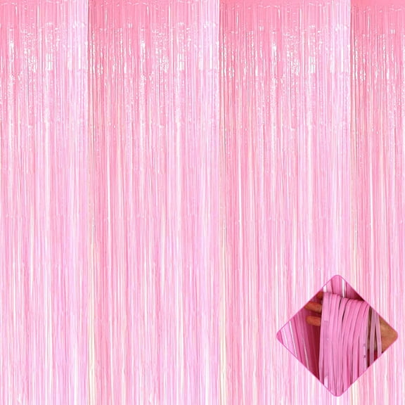 4 Pack 3.3x6.6 Ft Pastel Pink Metallic Tinsel Foil Fringe Curtains, Streamer Backdrop Curtains for Birthday Bachelorette Party Decorations