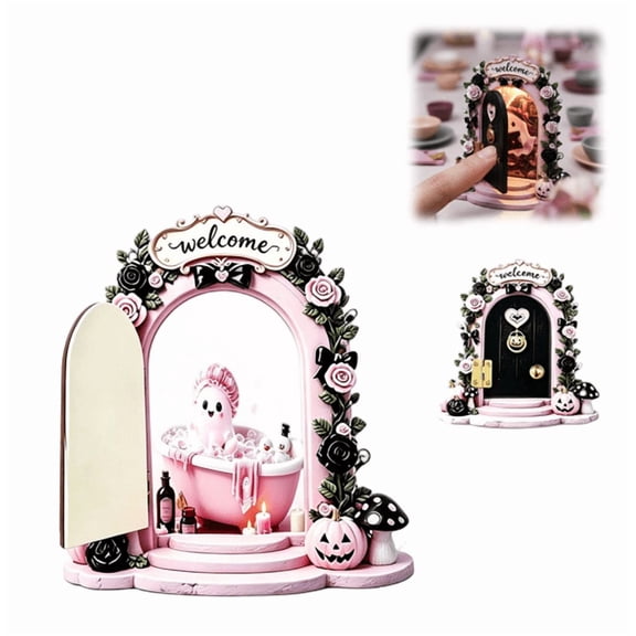 Pastel Pink Mini Fairy Door Tabletop Decor, Wooden Pastel Halloween Mini Ghost Door Ornament, with Rose Pumpkin Mushroom Detail for Table Shelf Decor (B)