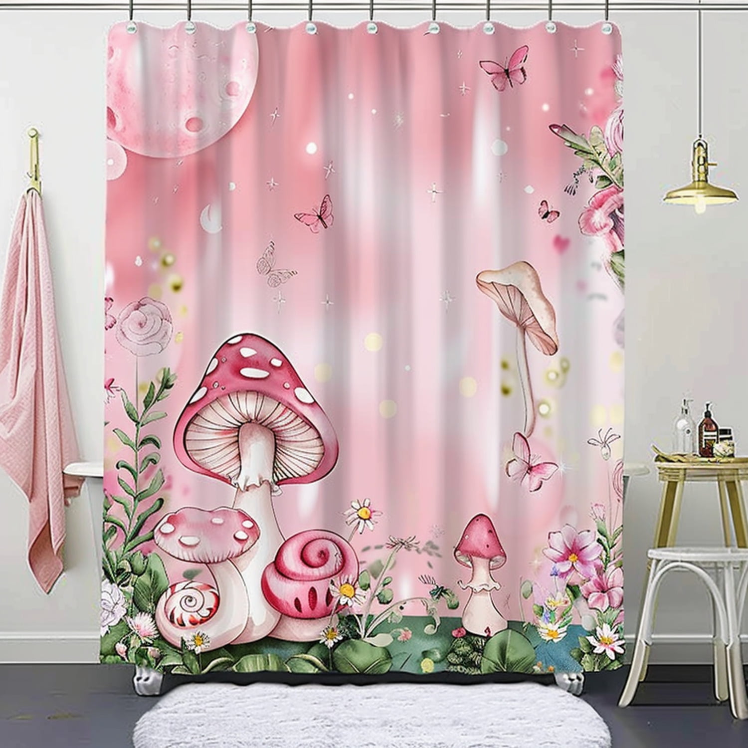 Pastel Pink Mushroom & Snail Bathroom Shower Curtain Set Pixar Cartoon