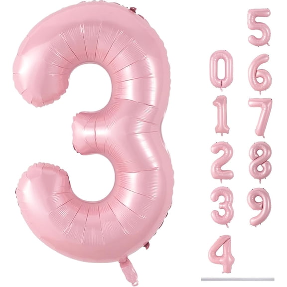 Pastel Pink Number 3 Balloon, 40 Inch Giant Pearl Light Pink Helium Foil Number 0-9 for Girls, Self Inflating 3rd Birthday Balloon for Women Anniversary Baby Shower Princess Party Decorations Sup