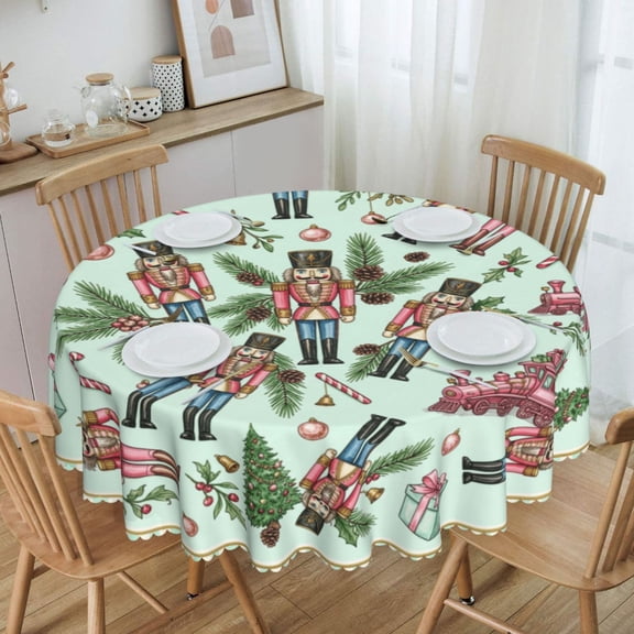 Pastel Pink Nutcracker Christmas Round Tablecloth Waterproof Oil Proof Spill Proof Table Cloth 70" for Camping, Dining, Indoor and Outdoor Table Cover