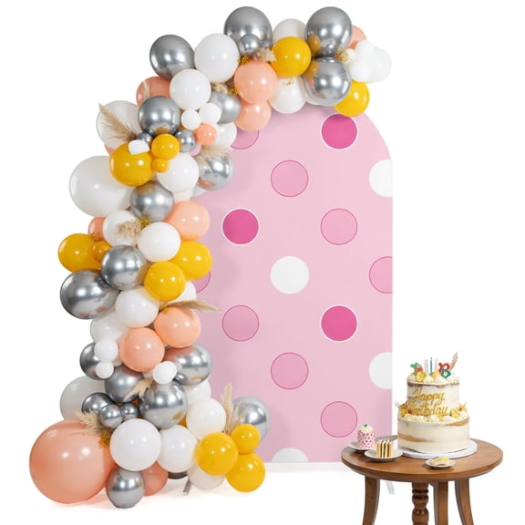 Pastel Pink Polka Dots Arch Backdrop Cover 4FT Modern Minimalist Geometric Circles Spots Spandex Fitted Arch Covers Stretchy Backdrop Decoration for Wedding Birthday Graduation Party