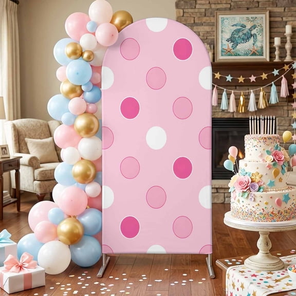 Pastel Pink Polka Dots Arch Backdrop Covers 7.2 FT, Modern Minimalist Geometric Circles Spots Stretchy Fitted Arched Stand Covers Party Arch Stand Cover Photo Booth for Wedding Birthday Decor