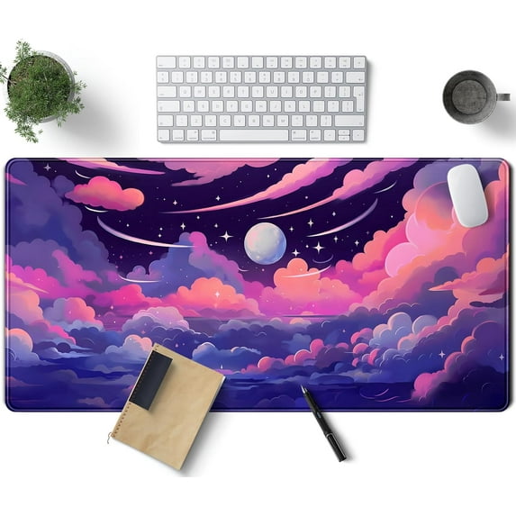 Pastel Pink Purple Clouds Moon Mouse pad Desk Mat, Cute Space Deskmat XXL Large Extended Mousepad Gaming Desk Pad, Big Laptop Computer Keyboard and Mouse Pad Mat for Women Office Decor 31.5x15.7 in