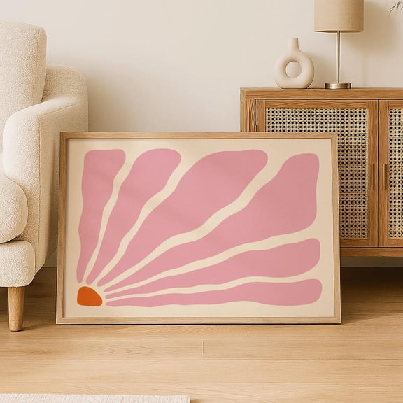 Pastel Pink Retro Sunburst Wall Art, Mid Century Modern Abstract Sunset Print, Horizontal For Boho Decor Home Decor #3963, Unframed Canvas Size 24x36