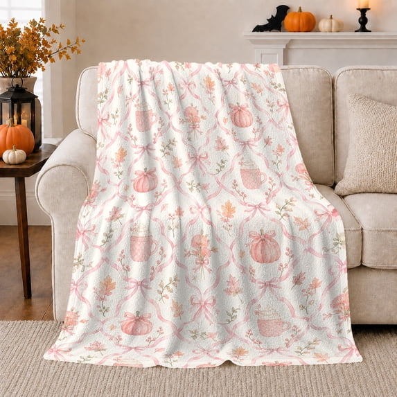 Pastel Pink Ribbon Lattice Autumn Pumpkin Whipped Cream, Cozy Artistic Scene, Warm Flannel Blanket for Home Library and Reading Nook, Art Lovers Thanksgiving Gift, Artistic Home Decor