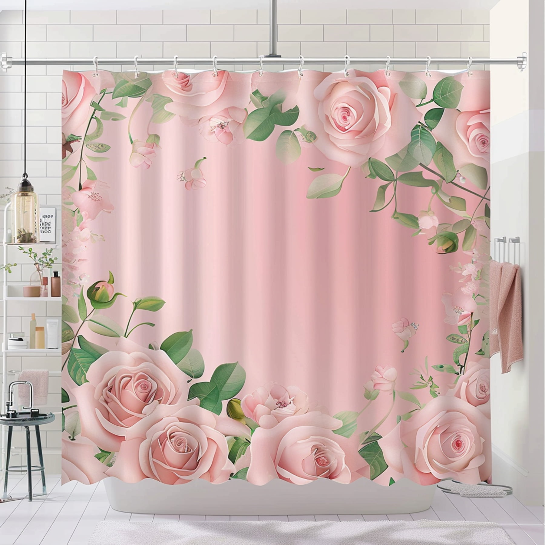 Pastel Pink Rose Floral Border Design Shower Curtain for Bathroom Decor ...