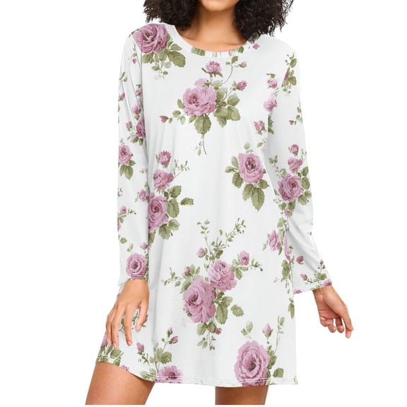 Pastel Pink Roses Elegant Women's Long Sleeves Nightgowns Sleepwear Soft Pajama A-line Sleep Dress XL