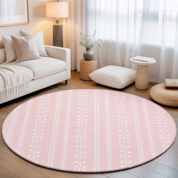 Pastel Pink Round Living Room Rugs 8 ft, Rustic Vertical Dashed Lines Shabby Chic Leaf Cottagecore Washable Large Area Rug with Non-Slip Edge Binding Round Carpet for Dining Room Kitchen Office
