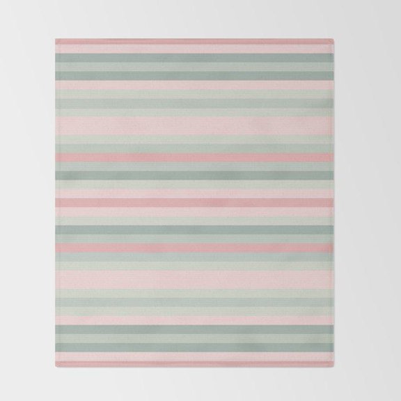 Pastel Pink, Sage Green and Off-White Striped Fleece Blanket, 280 GSM Polyester Fleece, Soft Minimalist Style