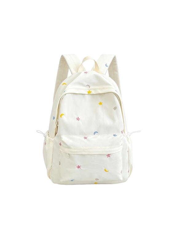 Pastel Pink Star & Moon Embroidery Backpack, Soft Kawaii Aesthetic Student Book Bag, Lightweight Casual Backpack for Teen Girls School Daily Outdoor Trip