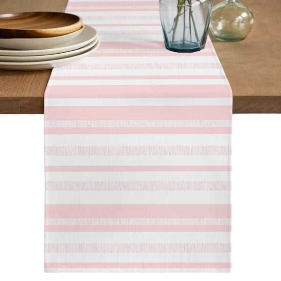 Pastel Pink Stripe Table Runner, Modern Minimalist Geometric Vertical Bands Cotton Linen Table Cloth, Tablerunner for Kitchen Dining Party Wedding Home Decor 13x36 Inch