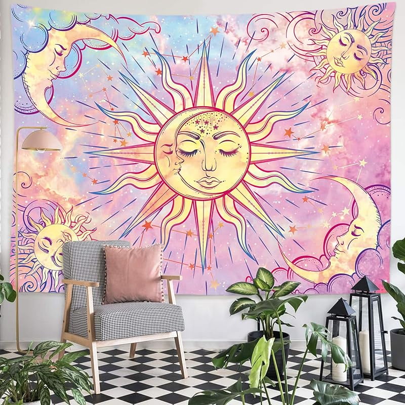 Psychedelic Celestial Burning Sun Moon Planet Bohemian Tapestry Wall Hanging Dorm Decor Boho Tapestries Hippie Hippy Purple tie dye Tapestry Beach Coverlet 30 x40 Walmart