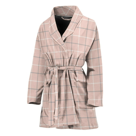 Pastel Pink Tattersall Pattern Women Bathrobe One Size Univeral Fits Fashion Lightweight Plush Fleece Long Robe For Women