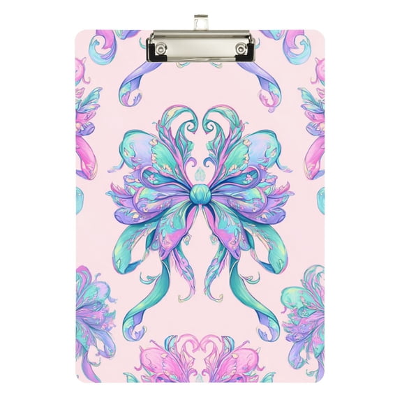 Pastel Pink Turquoise Purple Bows Acrylic Clipboard Drawing Board with Hook Writing Pad File Storage A4 Size Silver 12.5" x 9"