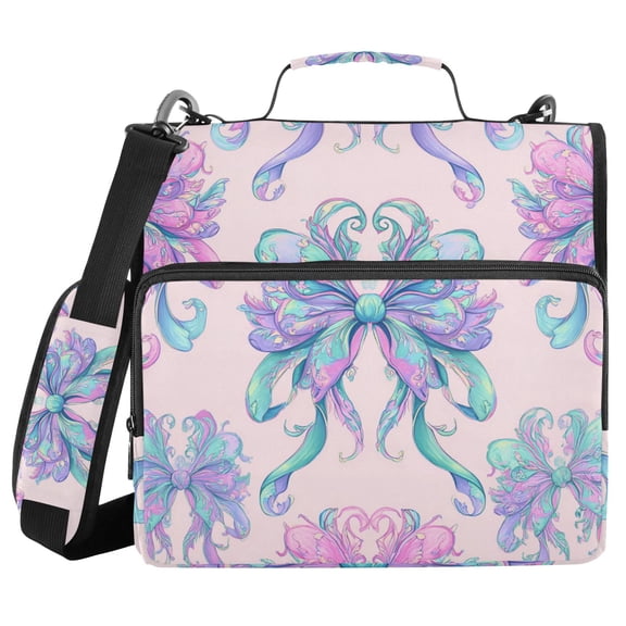 Pastel Pink Turquoise Purple Bows Binder Bag with Shoulder Strap 3 Ring Zipper Binder File Folder Document Storage