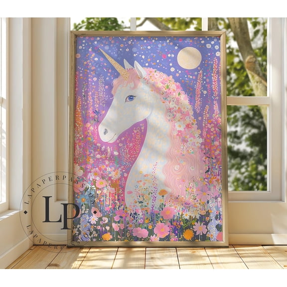 Pastel Pink Unicorn Print, Floral Nursery Art, Unframed Paper Poster 8x10in