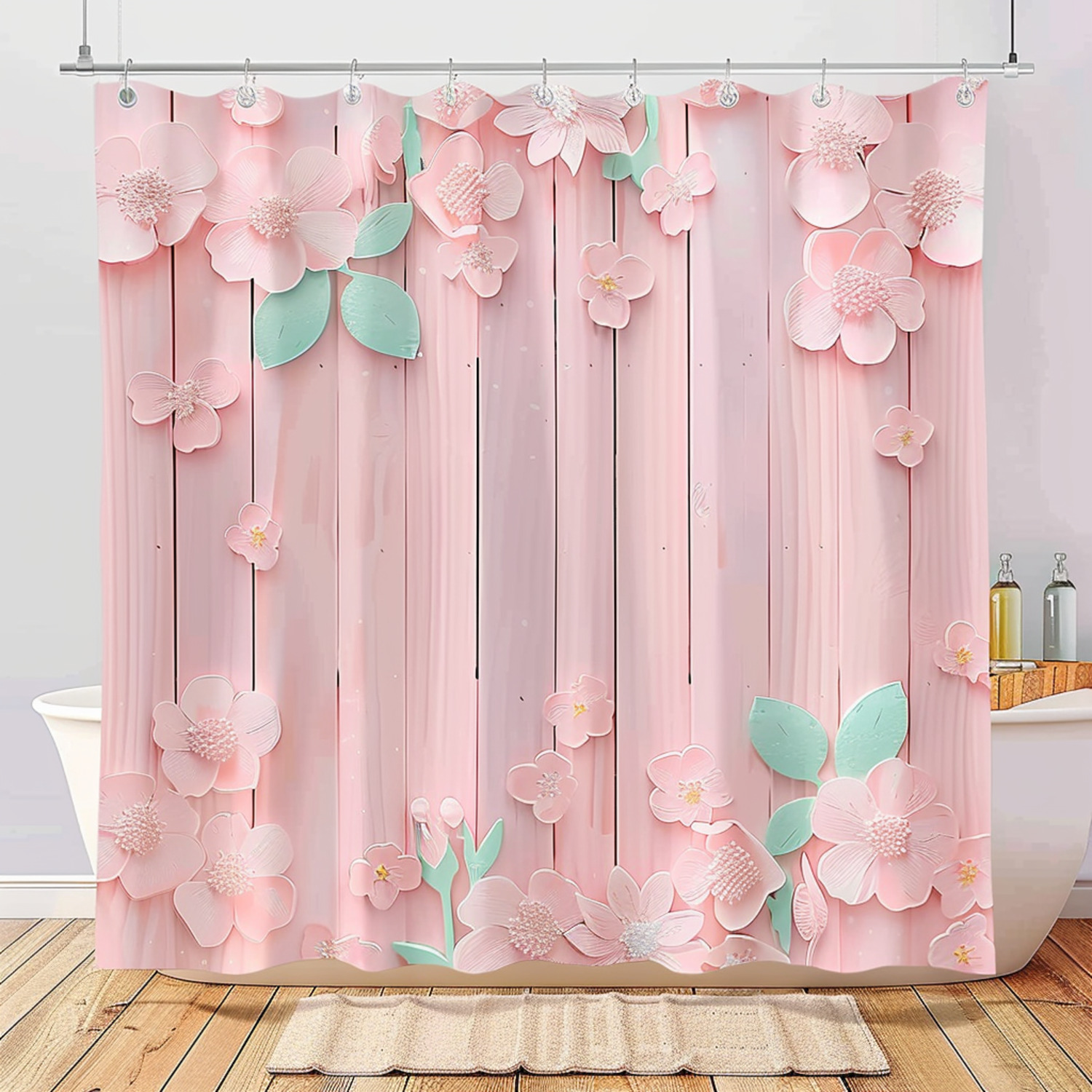Pastel Pink Wooden Bathroom Curtain with Spring Flower Print Cartoon