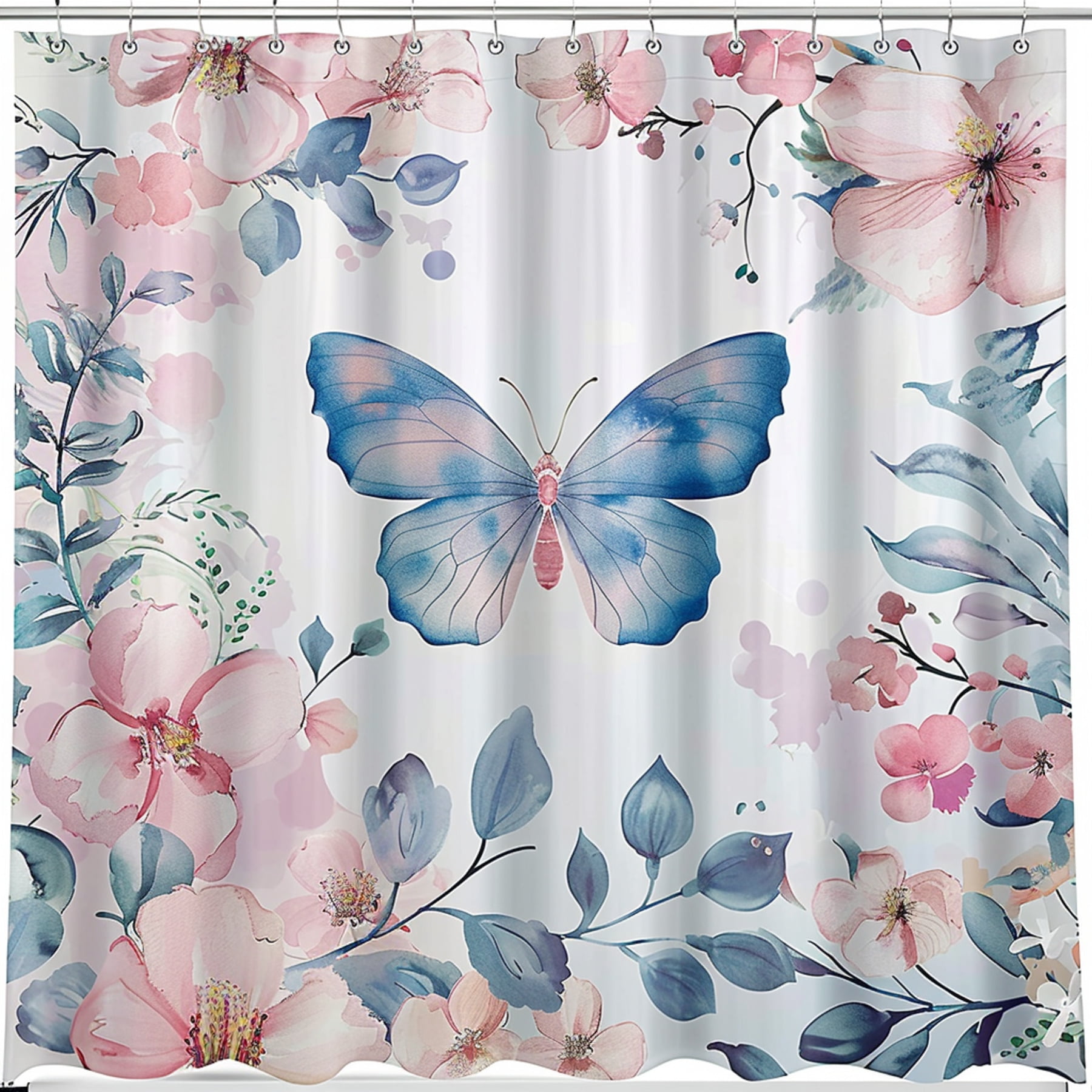 Pastel Pink and Blue Butterfly and Flowers Bathroom Shower Curtain ...