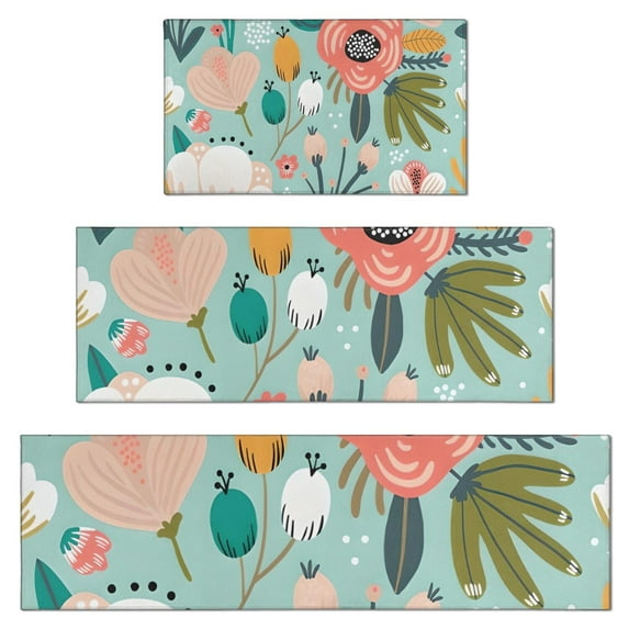 Pastel Pioneer Flower Pattern Kitchen Rugs Sets Of 3,Kitchen Runner Rugs Non Skid Washable,Decorative Kitchen Floor Mats for Kitchen,Sink,Laundry,17"x30"+ 17"x47" + 17"x59"