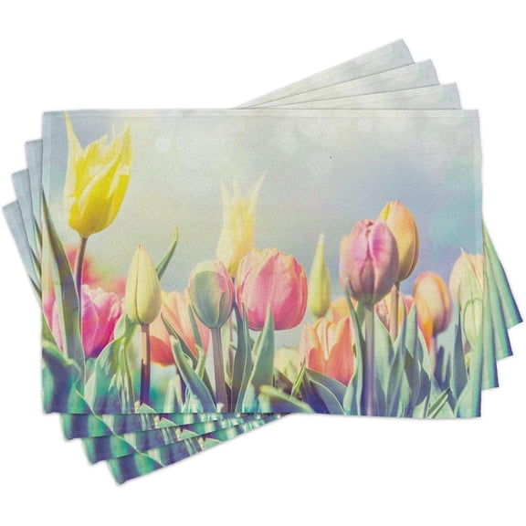 Pastel Place Mats Set of 4, Tulips Flower Bed in Park Serene Landscape Happiness Fresh Spring Environment Image, Washable Fabric Placemats for Dining Table, Standard Size, Bluegrey Yellow