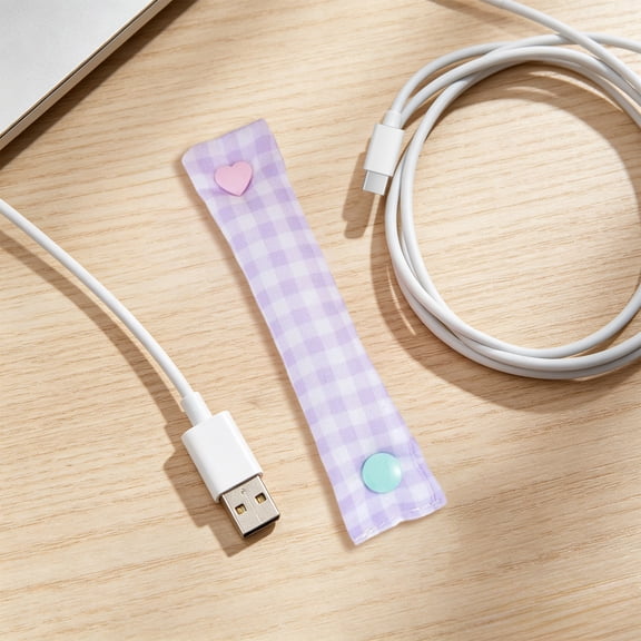 Pastel Plaid Fabric Cord Organizer Straps, Snap Button Cable Ties for Earphone Charging Wire Storage Keeper