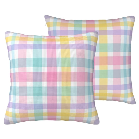 Pastel Plaid Gingham Throw Pillow Covers 16x16 Set of 2, Colorful Easter Checkered Decorative Cushion Cases for Couch Sofa, Double-Sided Faux Linen Spring Decor