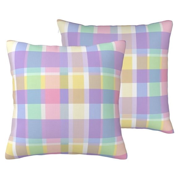 Pastel Plaid Gingham Throw Pillow Covers 16x16 Set of 2, Colorful Easter Checkered Decorative Cushion Cases for Couch Sofa, Double-Sided Faux Linen Spring Decor