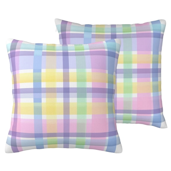Pastel Plaid Gingham Throw Pillow Covers 16x16 Set of 2, Colorful Easter Checkered Decorative Cushion Cases for Couch Sofa, Double-Sided Faux Linen Spring Decor