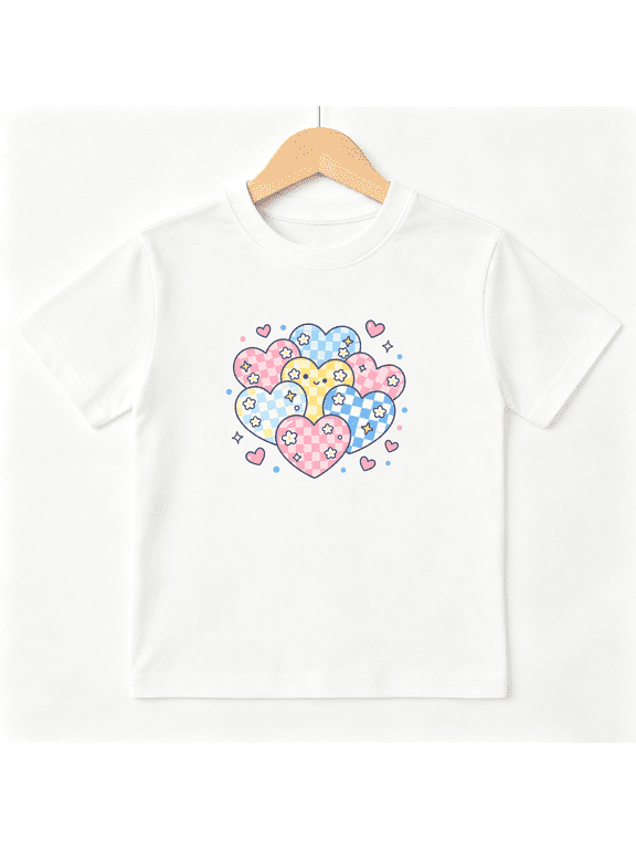Pastel Plaid Hearts Girls Graphic Tee, Cute Grid Smiley Love 100% Cotton Kids Short Sleeve T-Shirt