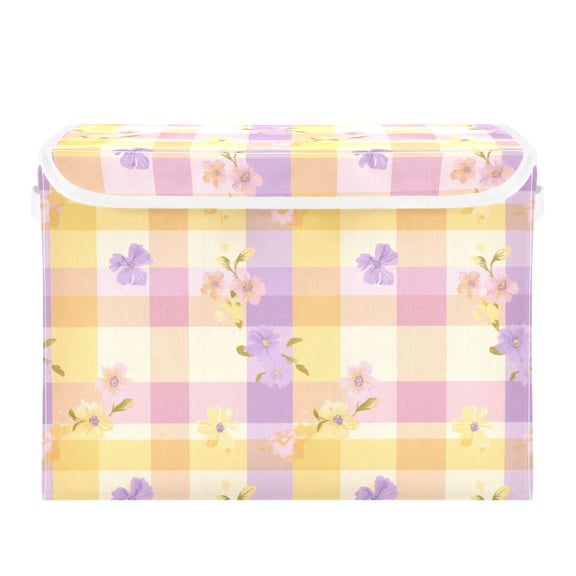 Pastel Plaids with Colorful Small Flowers Foldable Storage Bins with Lids Handles Collapsible Storage Containers Tote Boxes 16.5 x 12.6 x 11.8 inches
