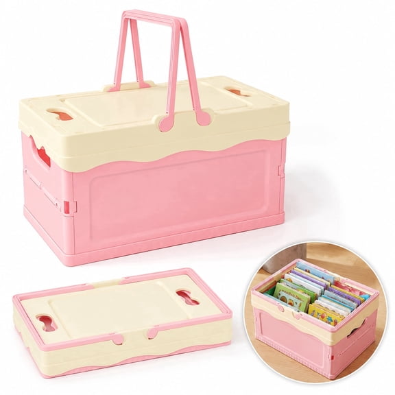 Pastel Plastic Storage Bin with Lid, XISELI Small Cute Foldable Pastel Crates Plastic Basket Colorful Storage Containers Baskets for Classroom Kitchen Office Bedroom Desktop Home Decor (Pink)