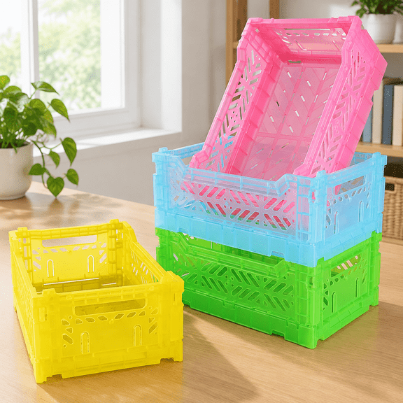 Pastel Plastic Storage Crates and Baskets, Collapsible Crates for Organizing, 4L Space Saving Bins for Classroom, Kitchen, Office, Bedroom, Desk Organizer. (Mix Colors)