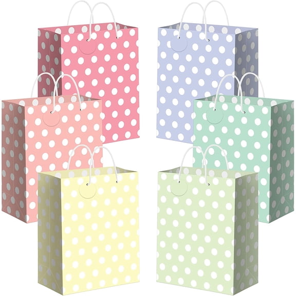 Gift Bags Set Of 6, Medium 10 Inch With Handles And Name Tags, Pastel Polka Dot Rainbow Design For Easter, Mother's Day, And Kids Unicorn Party