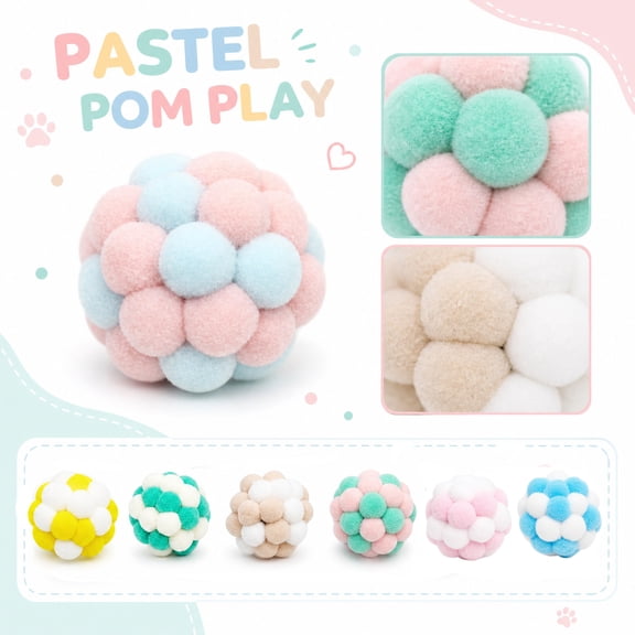 Pastel Pom Pom Cat Joy Ball Toy with Bell, Soft Macaron Squeaky Sound Ball for Cats Kittens, Interactive Kitten Fetch Chase Play Ball, Pet Boredom Anxiety Relief Gift