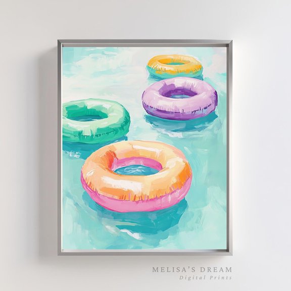 Pastel Pool Float Print Summer Coastal Swimming Wall Art, Unframed Paper Poster 8x10in