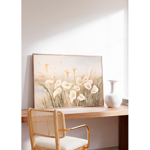 Pastel Posmodern Landscape Vintage Monet Style White Calla Lilies In Neutral Yellow And Beige Wall Art Print, Bedroom, Office And Home Decor