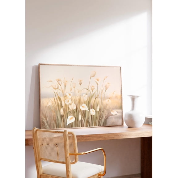 Pastel Posmodern Landscape Vintage Monet Style White Calla Lilies In Neutral Yellow Wall Art Print, Living Room And Gallery Wall Decor