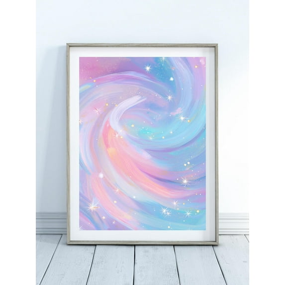 Pastel Poster – Preppy Wall Art In Pink And Blue, Nursery Space Decor With Stars, Dreamy Sky For Girl'S Or Boy'S Room, F334, Unframed Poster Size 8x12