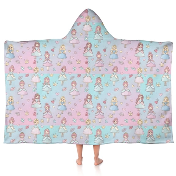 Pastel Princess Pattern Hooded Bath Towel,50"x30" for Ages 3 To 12 Kids, Quick Dry Lightweight Soft Microfiber Hood Beach Towel Cover Up for Kids