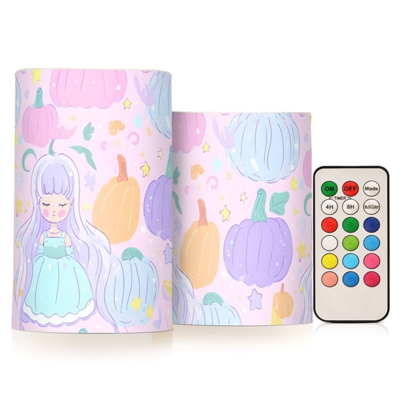 Pastel Princess Pumpkin Flameless LED Candle Set with Remote, Battery Operated Color Changing Pillar Candles, Set of 2