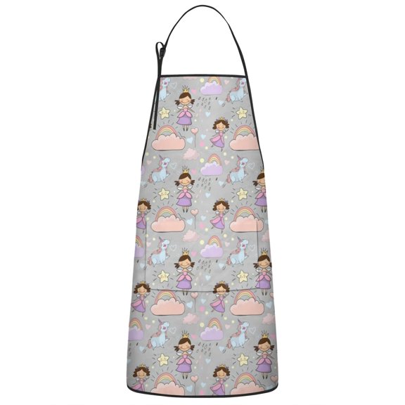 Pastel Princess Unicorn Pattern Apron-Garden Aprons for Women with Pockets-Cotton Linen Waterproof Kitchen Cooking Gardening Aprons Adjustable for Kitchen,Cooking,BBQ and Salon 33x27 Inch