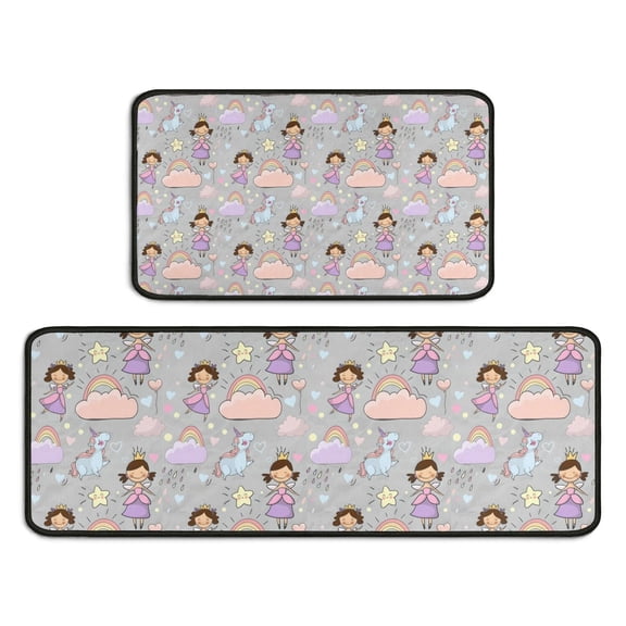 Pastel Princess Unicorn Pattern Kitchen Rugs Sets Of 2,Anti Fatigue Kitchen Mat Rugs Non Slip Washable,Decorative Kitchen Floor Mats for Kitchen,Sink,Laundry,17"X30"+17"X47"