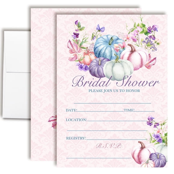 Pastel Pumpkin Bridal Shower Invitations, 20 Fill-In Cards with Envelopes, 5x7 Wedding Shower Invitations for Bride, Bridal Party Supplies and Decorations, Made in USA by Amanda Creation