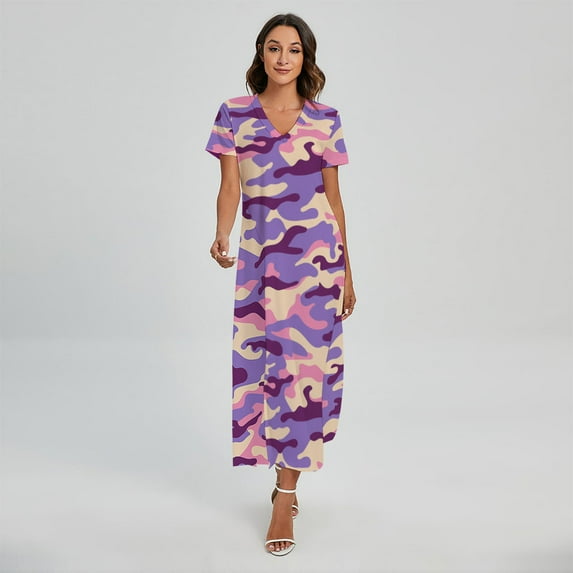 Pastel Purple Camouflage Printed Short Sleeve Maxi Dress, Camo Camouflage Fashion Summer Maxi Dress For Women